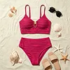 Ruched High-Waisted Bikini Set with Gold Paperclip Detail, 100% Swimwear for Beach Vacation by Inlyline