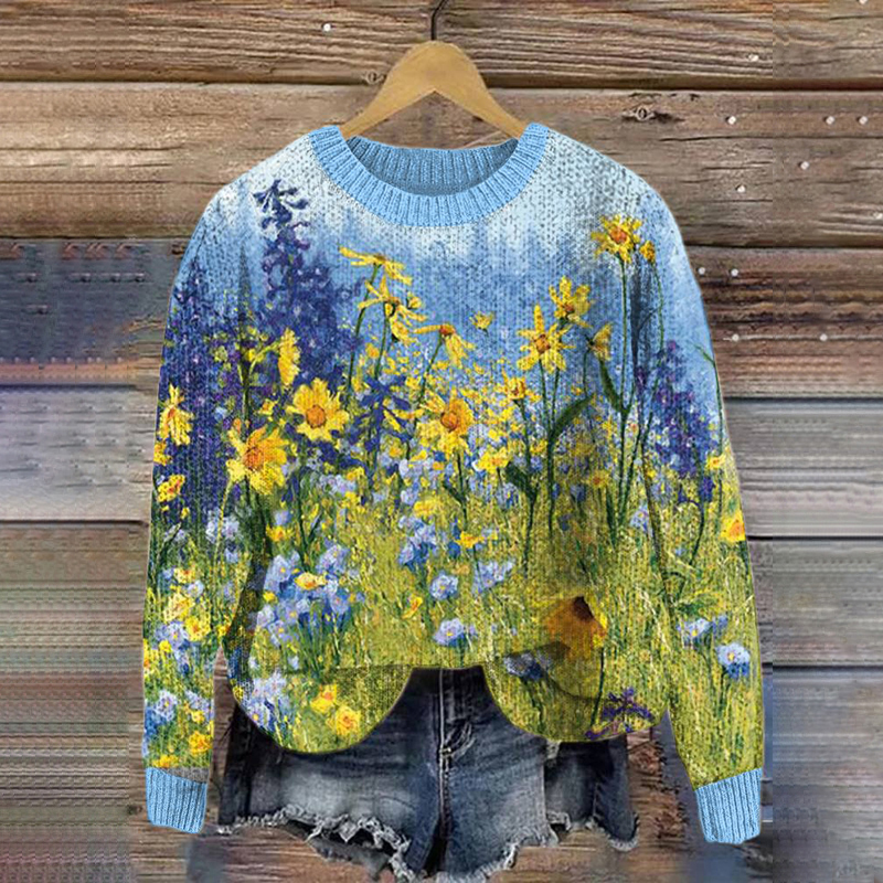 Floral Print Knitted Pullover Sweater