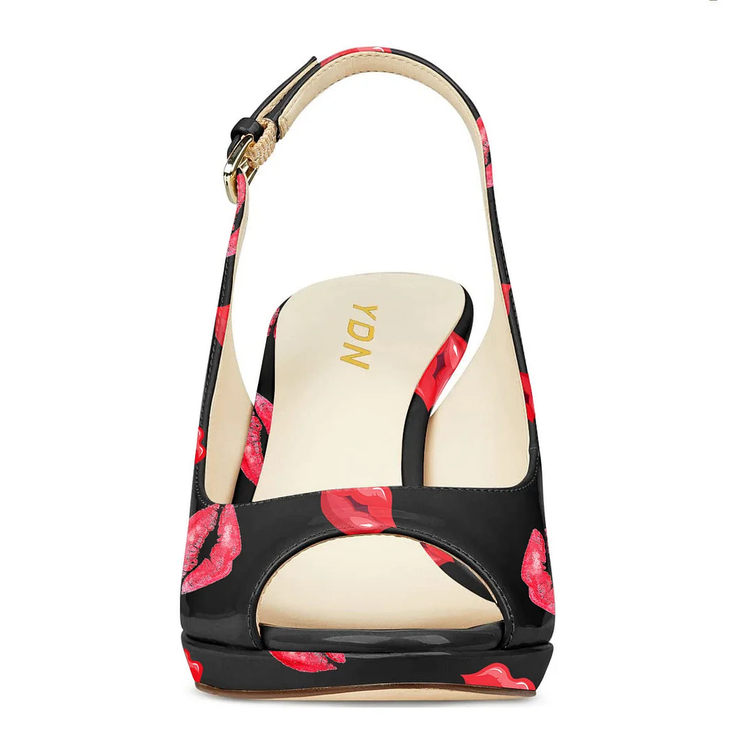 Patent Leather Slingback Red Lips Printed Platform Sexy High Heels