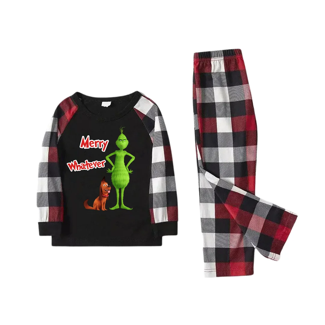 'Merry Whatever' Red Text With Green Cartoon Characters and Dog Pattern Contrast Black Top Red&Black&White Plaid Pants Family Matching Pajamas