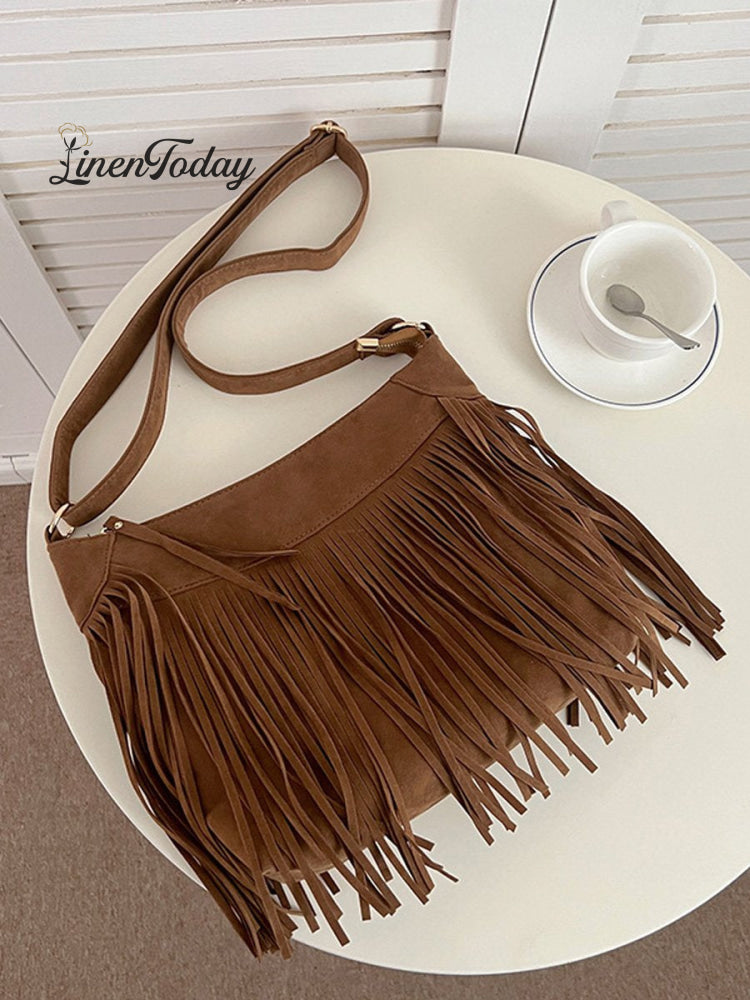 Large Ethnic Style Suede Crossbody Tassel Bag Brown / Onesize