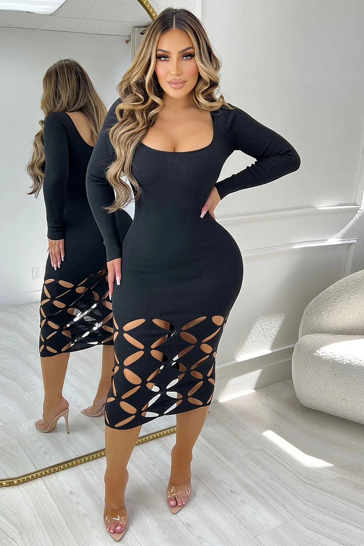 Knit U Neck Long Sleeve Bodycon Hollow Out Sweater Midi Dresses-Black