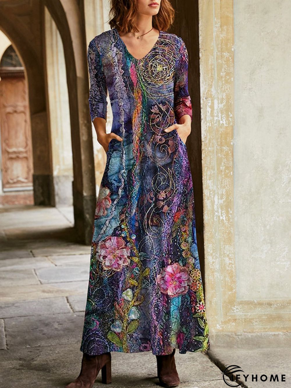 V Neck Floral Knitting Dress | IFYHOME