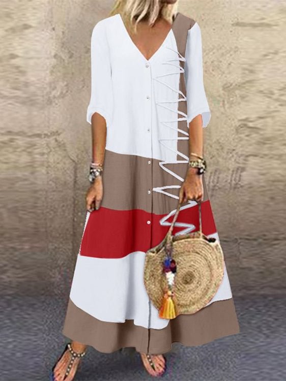 Women Half Sleeve V-neck Colorblock Button Maxi Dress