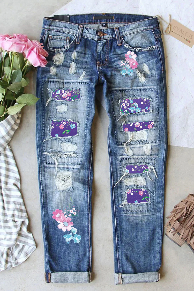 FLORAL SHIFT CASUAL RIPPED JEANS