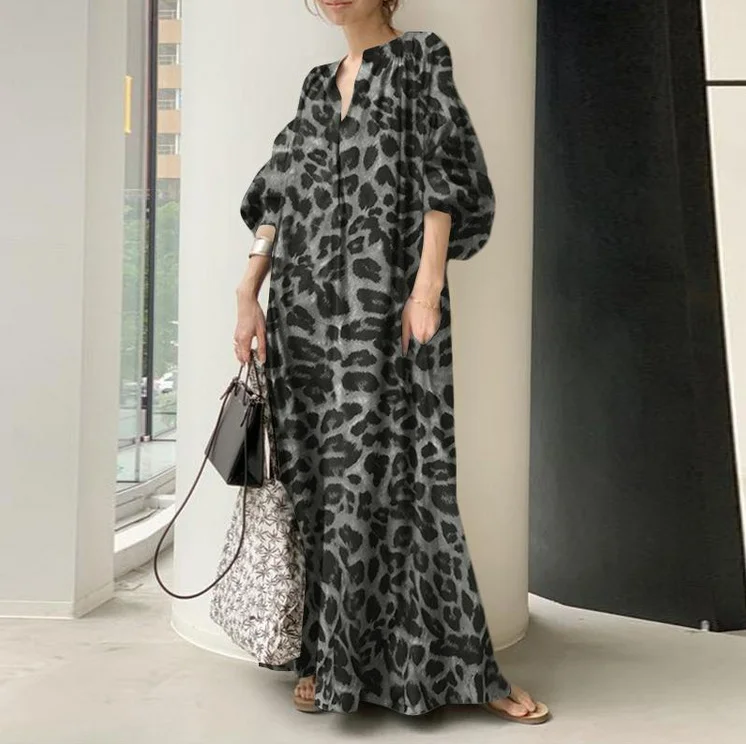 Leopard Print Stand Collar Bubble Sleeve Fashion Loose Casual Shirt Dress Black Dresses-Cosfine
