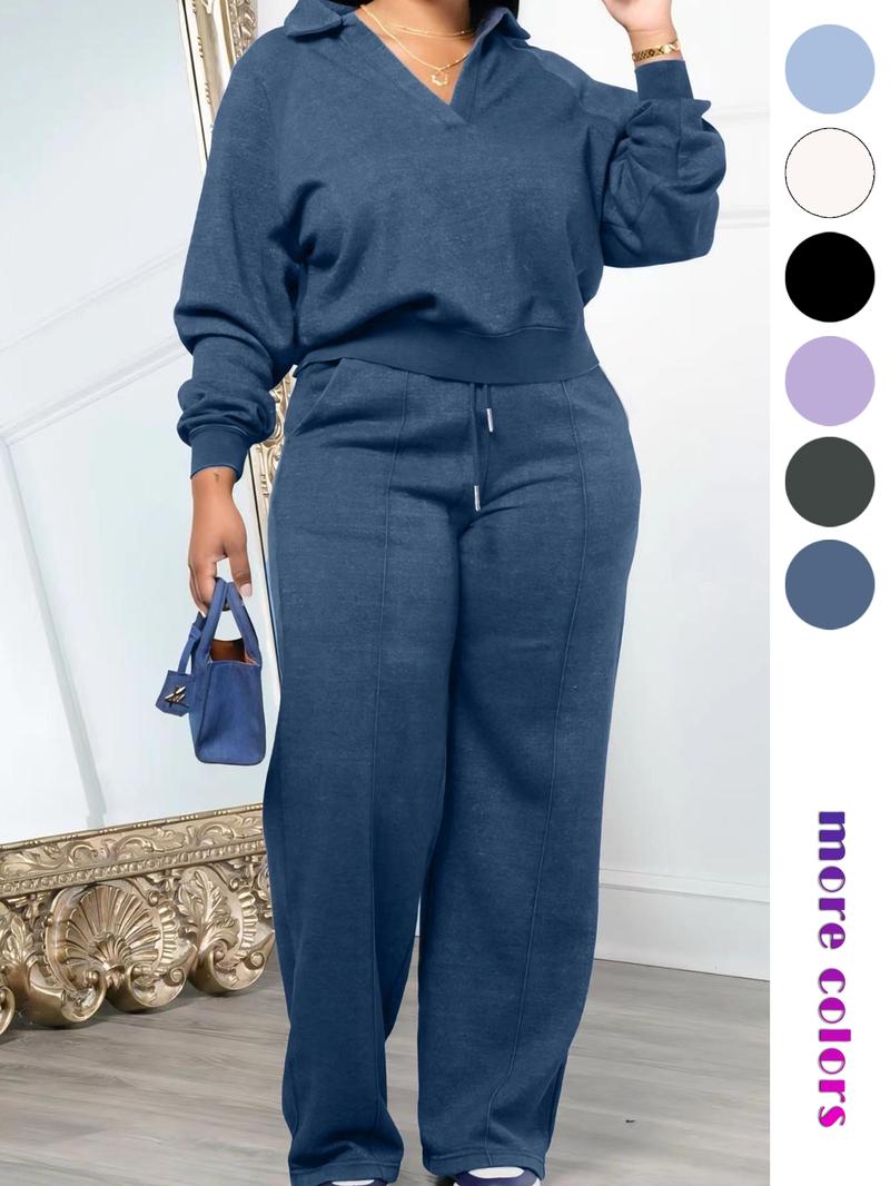 Women's Solid Long Sleeve Sweatshirt & Drawstring Waist Pants Set, Casual Fashion Cozy Two-piece Outfits for Daily Outdoor Wear, Women Clothes for All Seasons