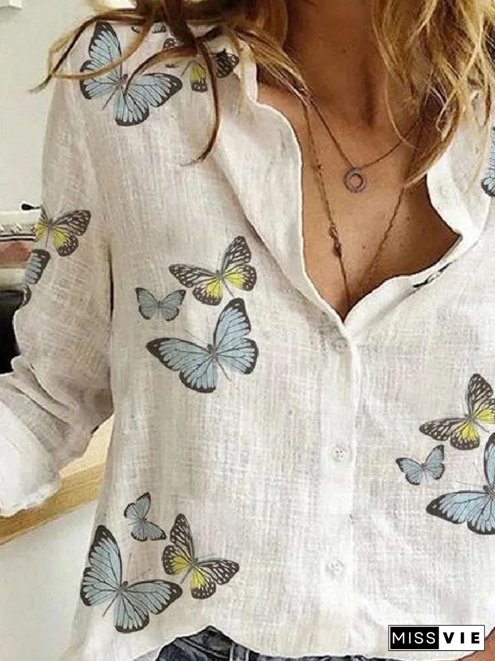Ladies Butterfly Print Cotton Long Sleeve Blouse