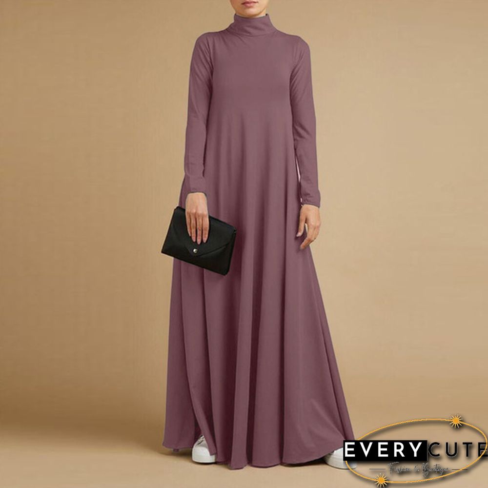 Women Autumn Elegant Plain Kaftan Long Shirt Dress Turtleneck Loose Full Sleeve Midi Dress Plus