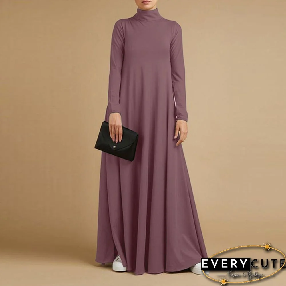 Women Autumn Elegant Plain Kaftan Long Shirt Dress Turtleneck Loose Full Sleeve Midi Dress Plus