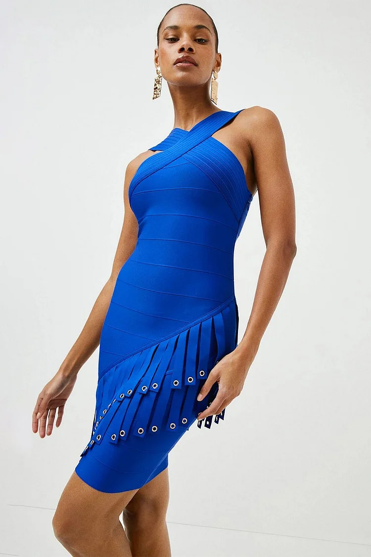 Halter Eyelet Washer Asymmetrical Fringe Hem Mini Dress-Blue