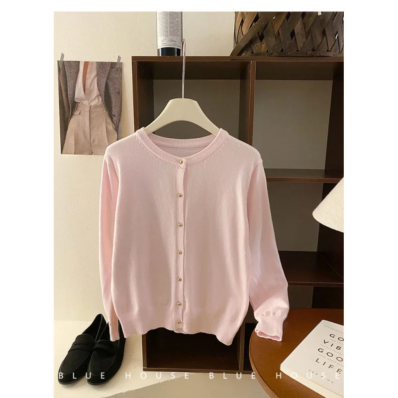 Uveng Uveng Style Gentle Retro Small Gold Button Net Version Long-Sleeved Knitted Shirt Women Autumn Collar Soft Glutinous Sweater Coat