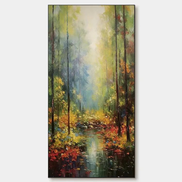 AUTUMN WOODLAND STREAM: Vertical Landscape Oil Painting, Forest Scene with Stream, Fall Colors, Nature Wall Art（Canvas painting）