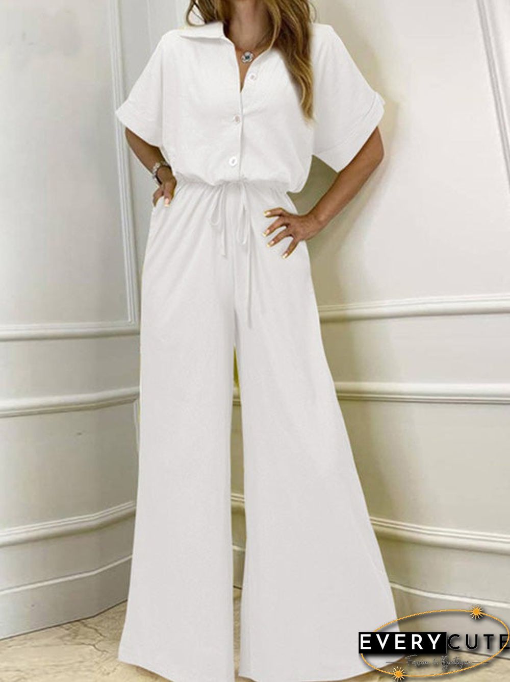 Women'S Jumpsuits Lapel Button Short Sleeve Belted Wide Leg Jumpsuit