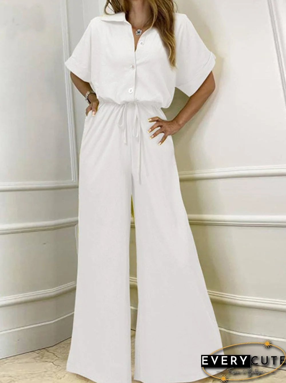 Women'S Jumpsuits Lapel Button Short Sleeve Belted Wide Leg Jumpsuit