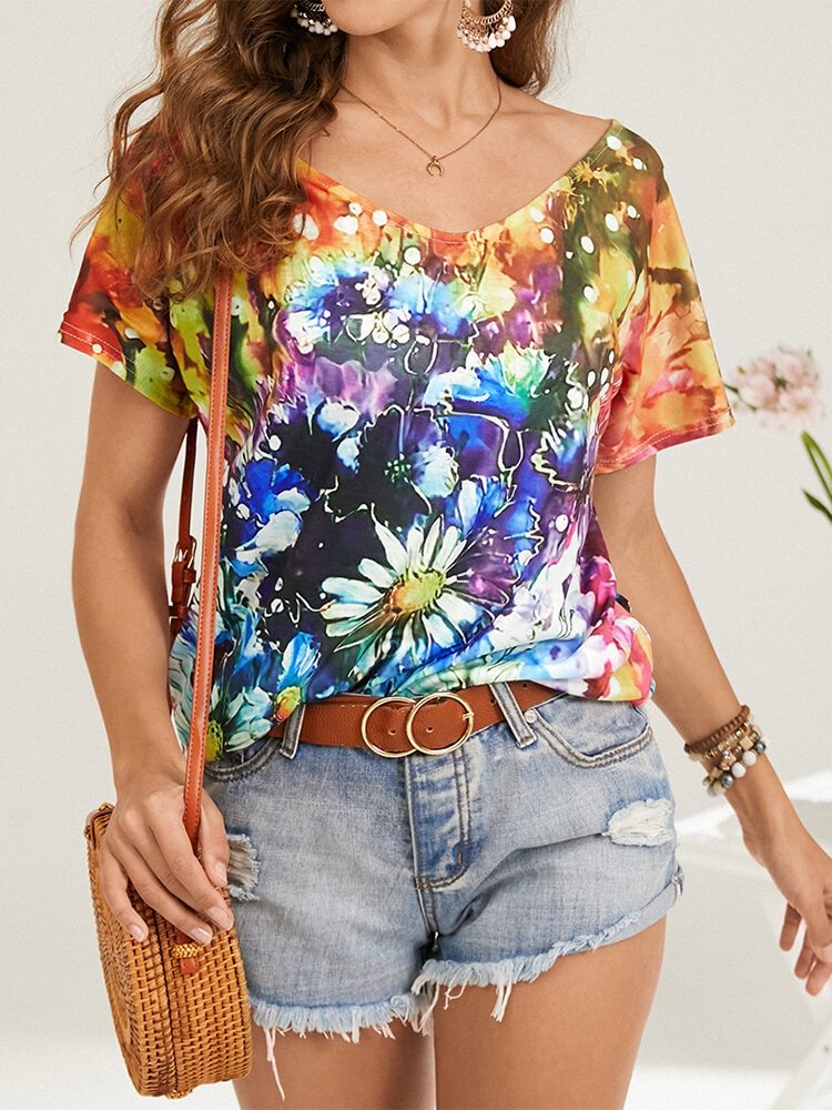Women Multi color Flower Print V neck Short Sleeve Casual T Shirt P1844779