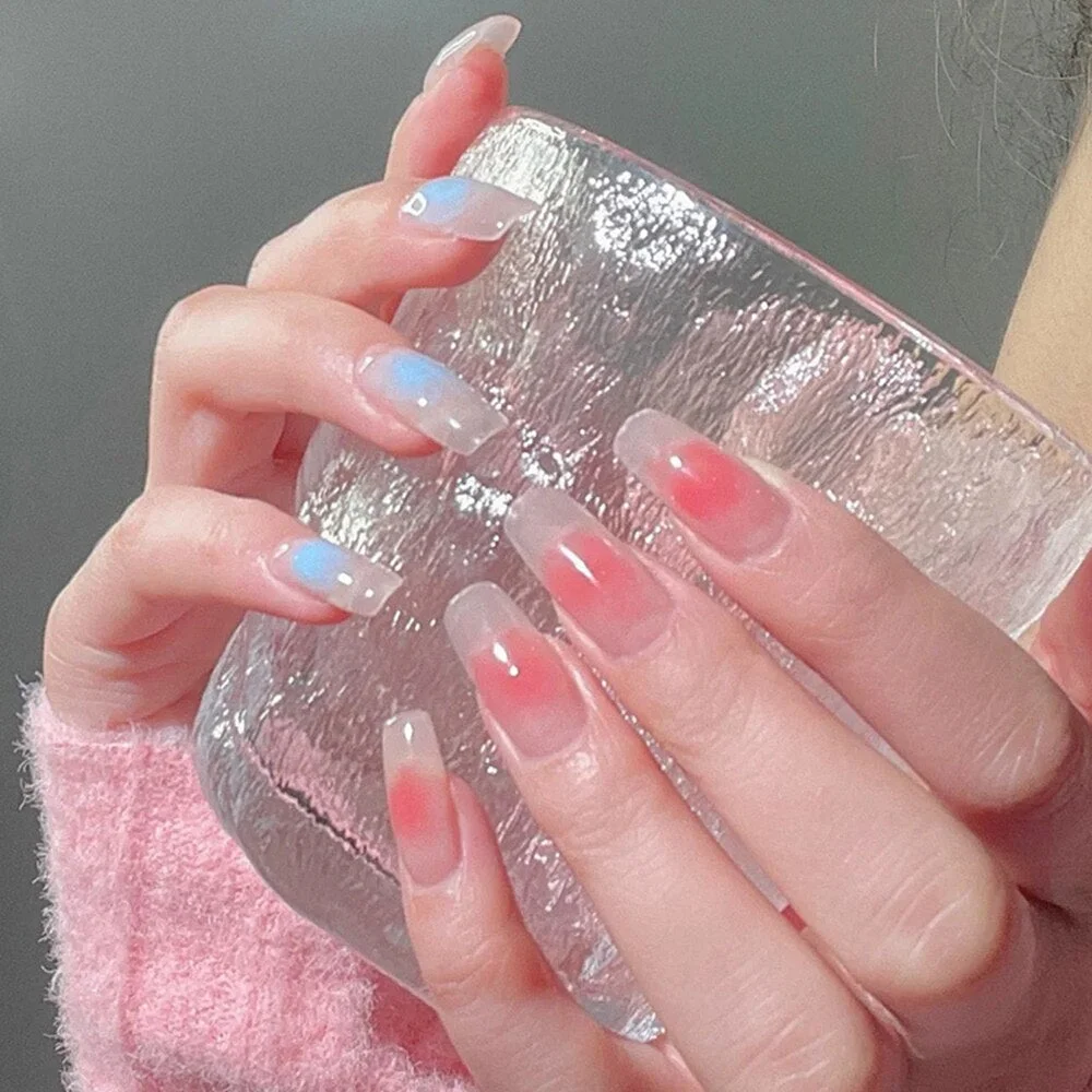 24Pcs Long Coffin False Nails with Colorful Wave Designs Wearable Fake Nail Full Cover Nail Art Tips Press on Nail Manicure Tool 515-Nail Inspo