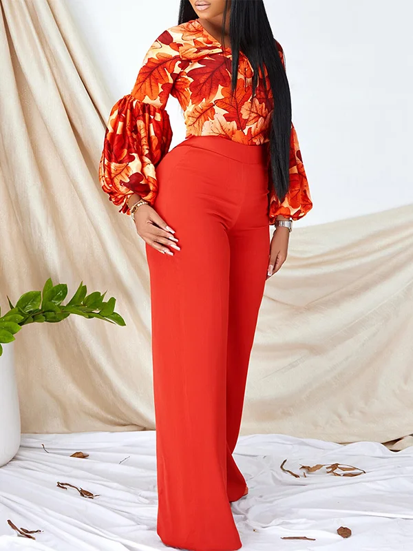 Round-Neck Long Sleeves Leaves Print Tied Shirts Top&High Waisted Pants Bottom Two Pieces Set