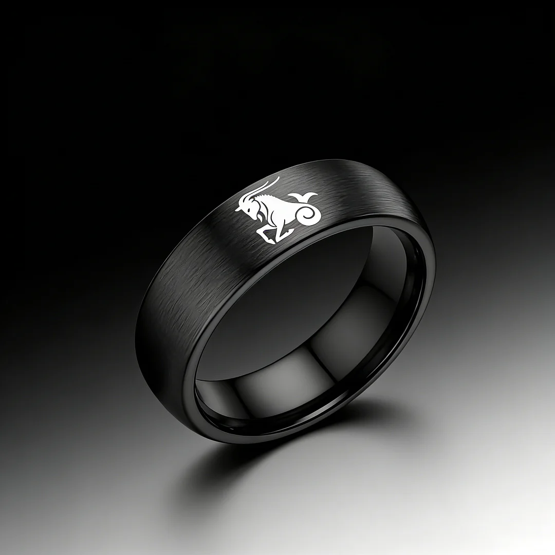 4MM 6MM 8MM Black Capricorn Tungsten Carbide Rings Prints Laser Design Domed Top Tungsten Wedding Bands