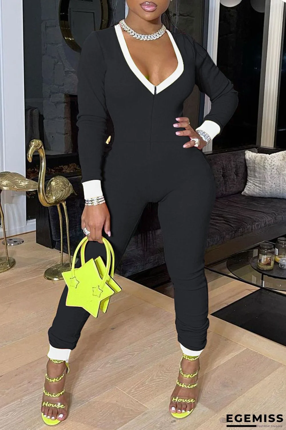 Black Sexy Solid Patchwork V Neck Regular Jumpsuits | EGEMISS