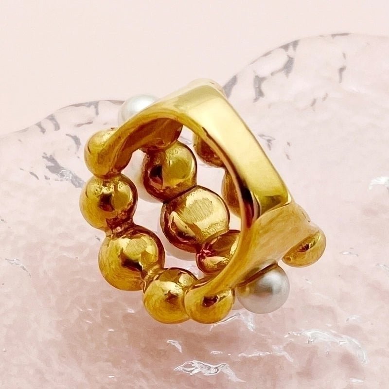 304 Stainless Steel 14K Gold Plated Vintage Style Minimalist Plating Hollow Out Inlay Round Pearl Rings