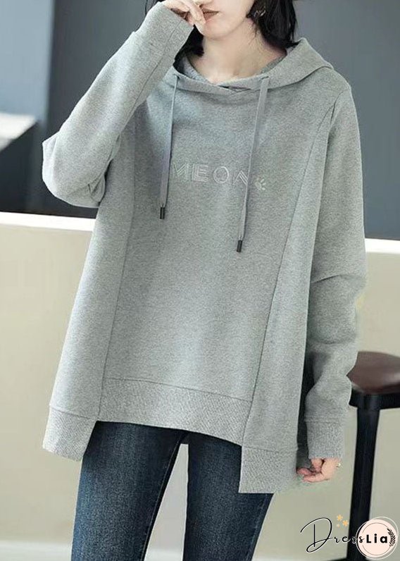Simple Grey Asymmetrical Graphic Print Drawstring Cotton Sweatshirt Long Sleeve