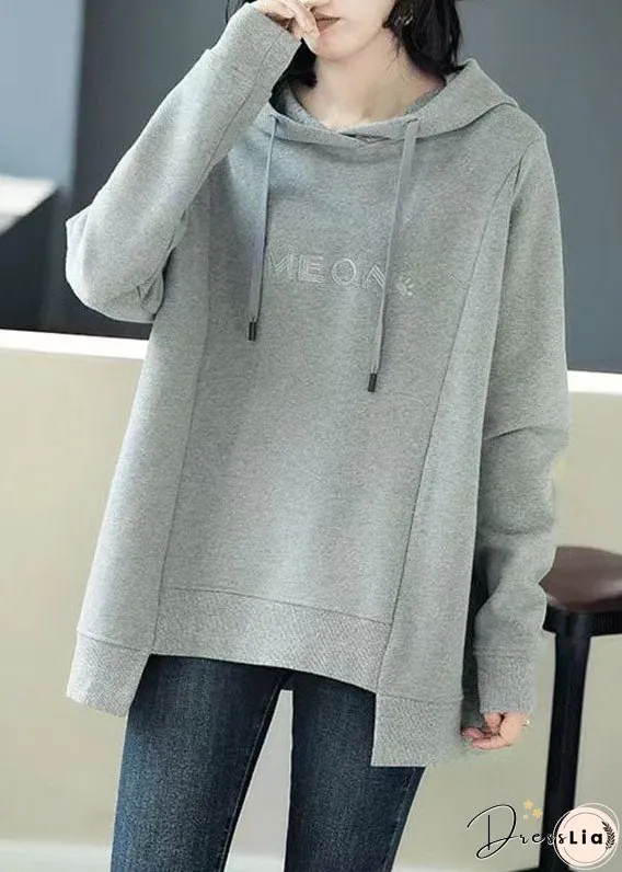 Simple Grey Asymmetrical Graphic Print Drawstring Cotton Sweatshirt Long Sleeve