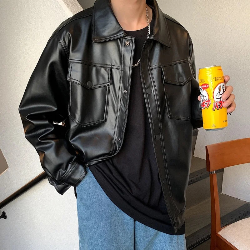 Men Spring Black Soft Faux Leather Jacket 2022 Mens Hip Hop Jacket Leather Male Oversize Streetwear Pockets Clothes