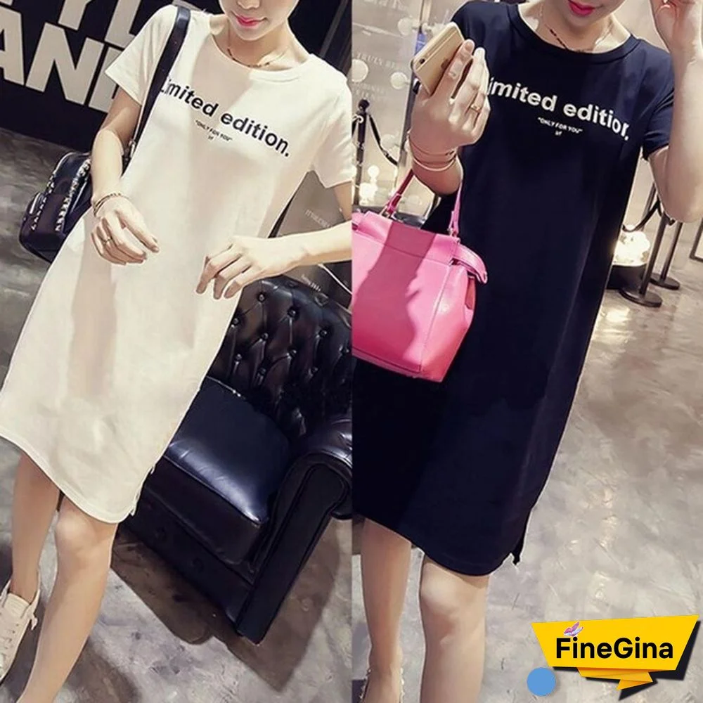 Women Letter Printed Casual Mini Dress Black White Short Sleeve O-Neck Beach T-shirt Dresses