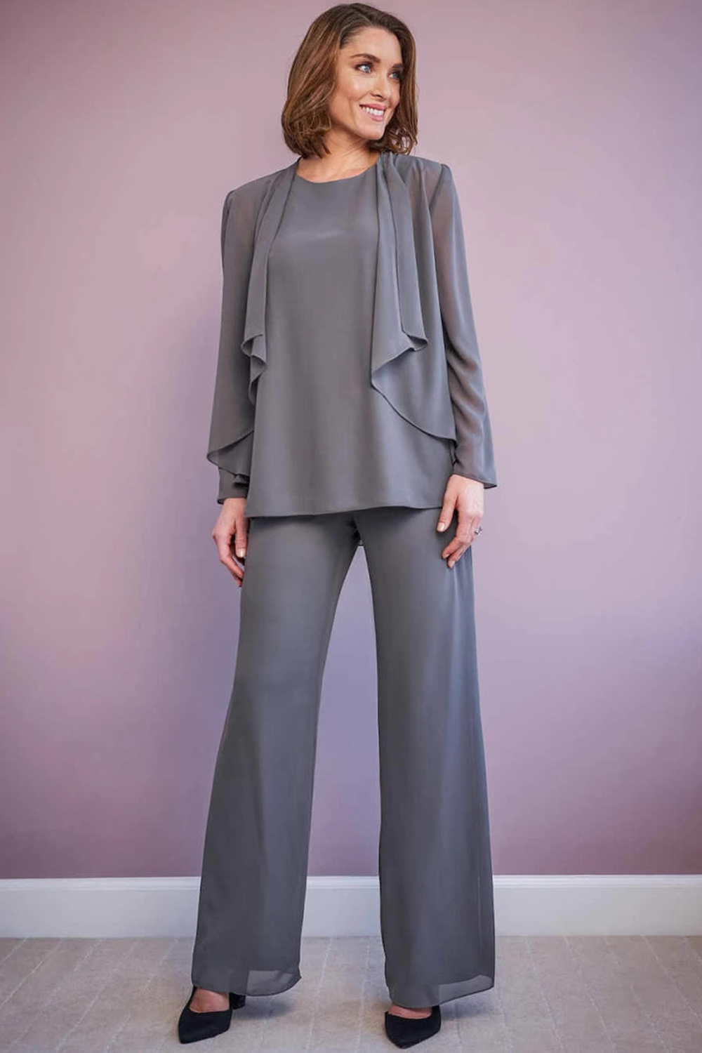 Plus Size Formal Gray Chiffon Layered Long Sleeve Flare Leg Three Piece Pant Suit 2024 - Flycurvy 
