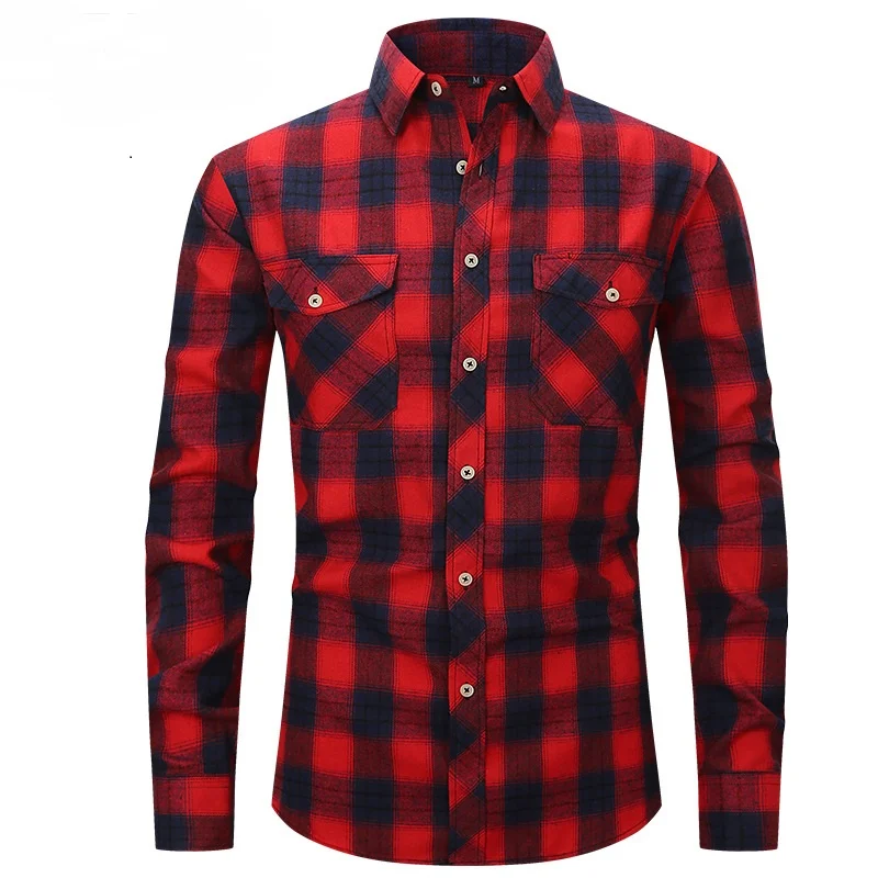Men's Buffalo Cotton Brushed Plaid Shirt  Oversize Long Sleeve Red & Black Plaid Shirts Ture To US Size Perfect Fiting For Fishing, Hunting, Outdoor, Work Wear
