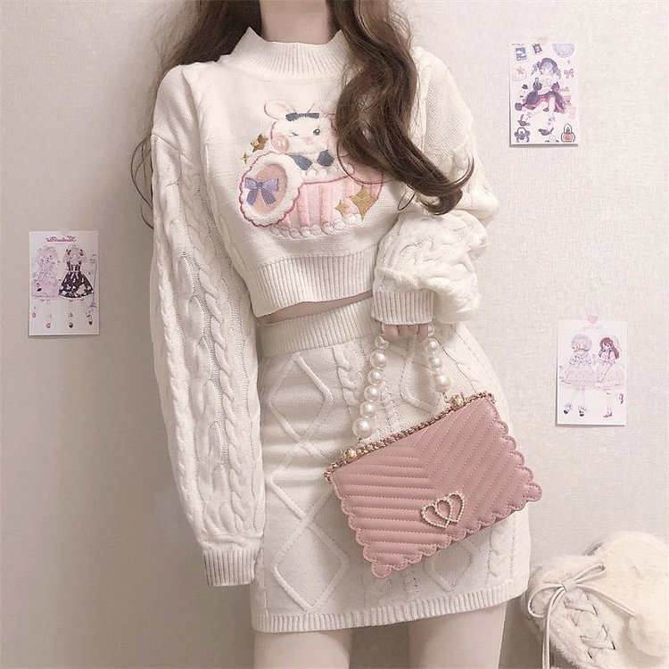 Rabbit Embroidered Cable Knit Sweater / Mini Pencil Skirt SP15509