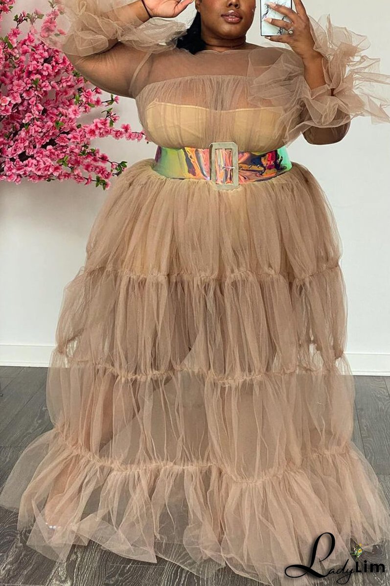 Plus Size Solid Sheer Ruffle Sleeve Maxi Dresses