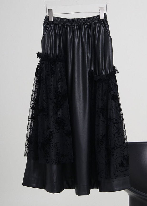 Plus Size Black elastic waist lace Patchwork Faux Leather Skirt Spring CK2942- Fabulory