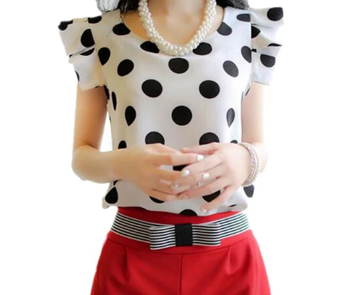 CUHAKCI Chiffon Blouse Casual Shirts Polka Women White Black Dot Short Sleeve Fashion O-Neck Tops