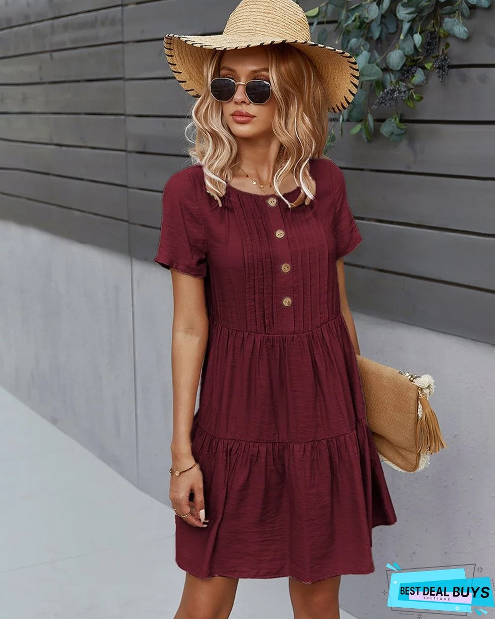 Women's Solid Color Dress Spring and Summer Short Sleeve Cotton Skirt