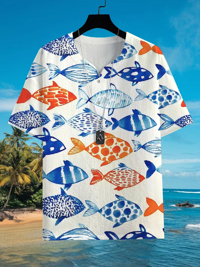 Men's Deep Sea Fish Hawaii Vacation Print Half Button Shirt