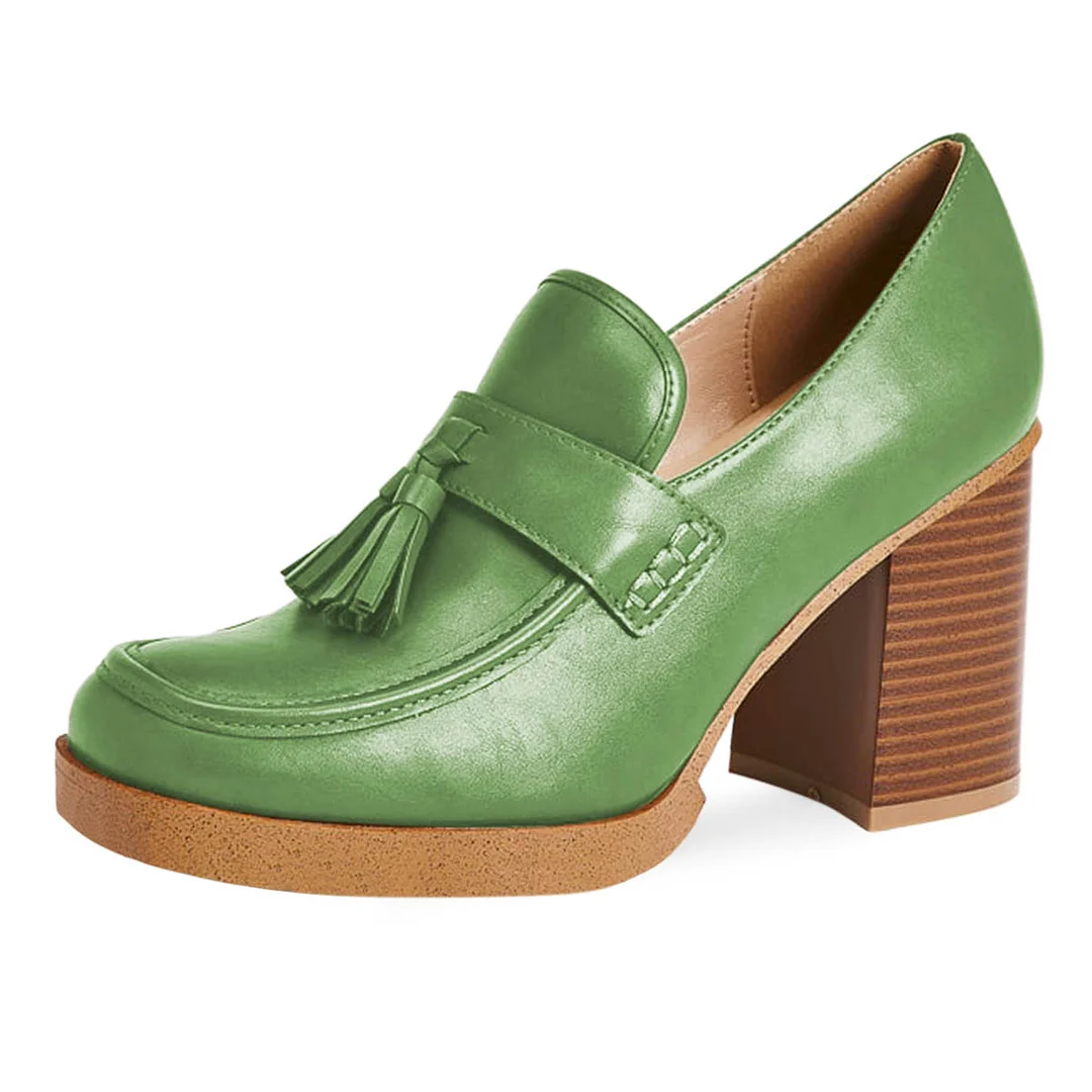 Green Vegan Leather Chunky Heel Square Toe Tassels Women's Loafers