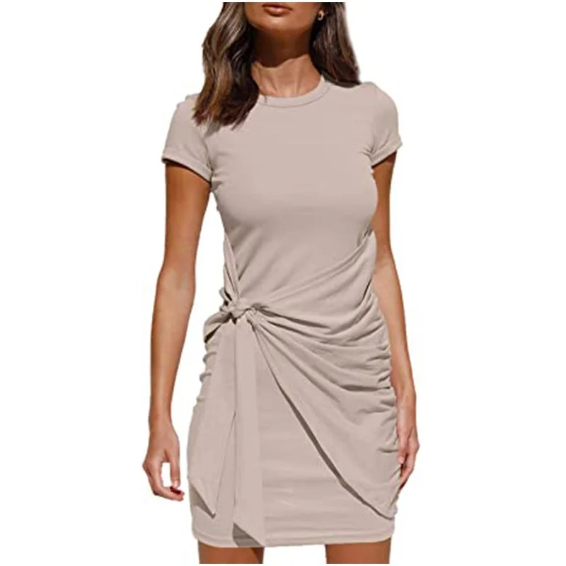 Women Dress Short Sleeved Round Neck Belt Dress