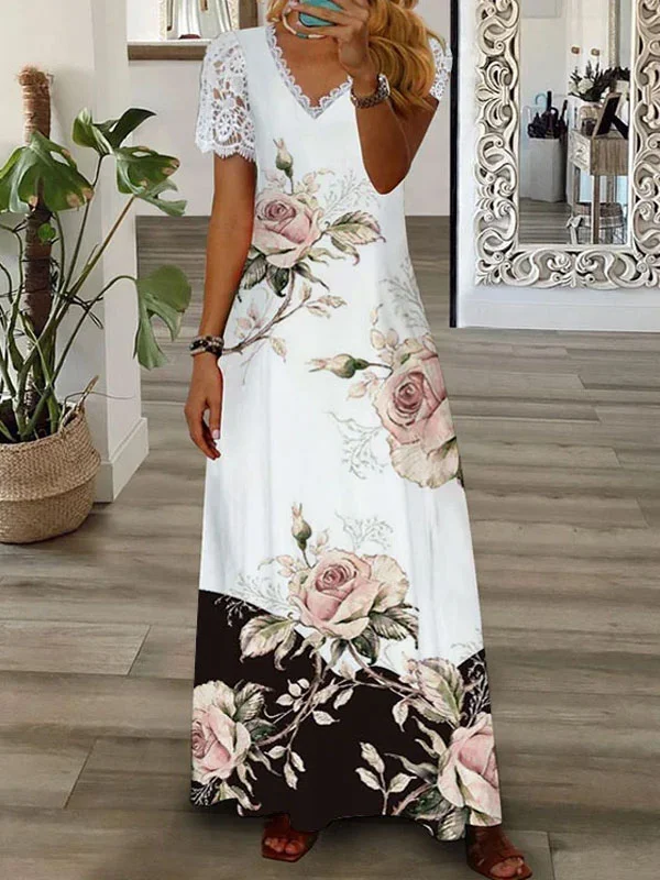Casual Loose Lace Floral Short Sleeve Dress