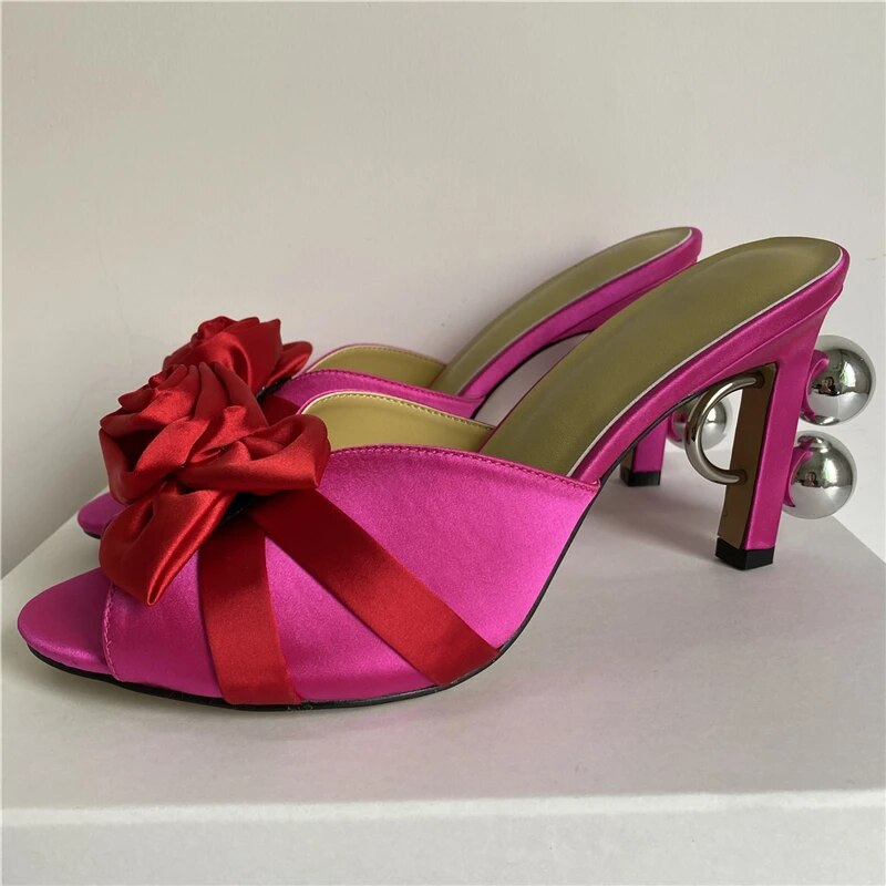 Novelty Strange Heels Modern Sandals Women Satin Rose Flower Butterfly-Knot Slingbacks Slim Shoes