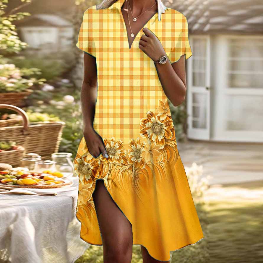 Women Half Sleeve V-neck Solid Color Dress