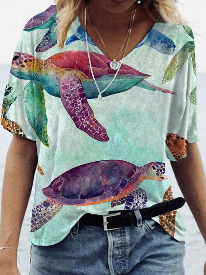 V-Neck Turtle Print T-Shirt