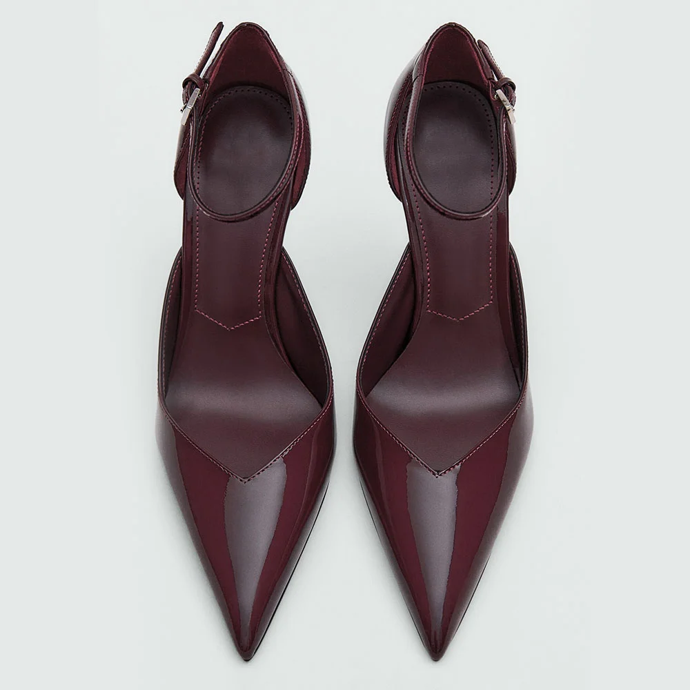 Simple Maroon Pointed Toe Ankle Strap Wedge Heel Pumps for Women