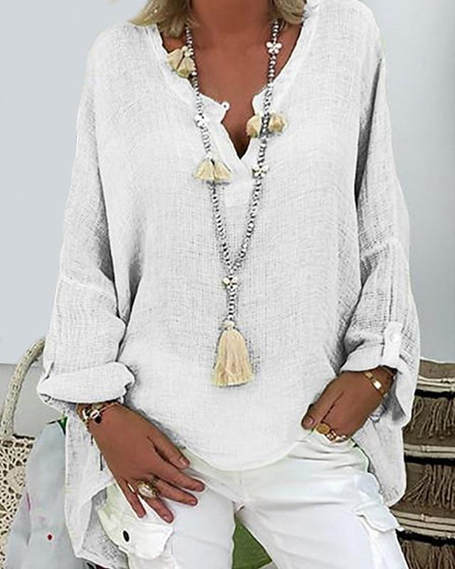 Women's Plus Size T shirt Solid Colored Long Sleeve V Neck Tops Loose Basic Top White Black Blushing Pink-806
