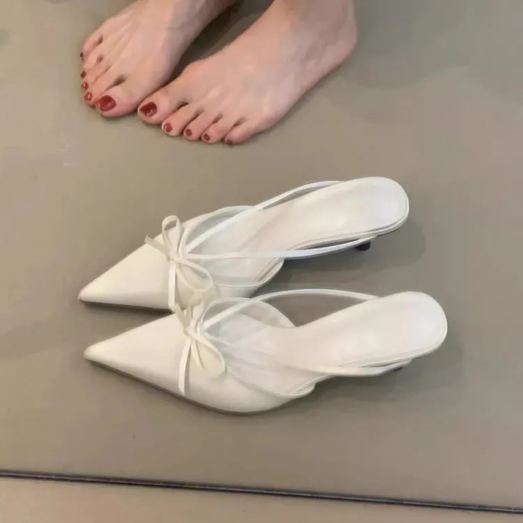 Yyvonne Tip Fine Heel Half-Slipper Wearing 2025 New Muller Shoes Baotao Bow Cloth Cold Slippers