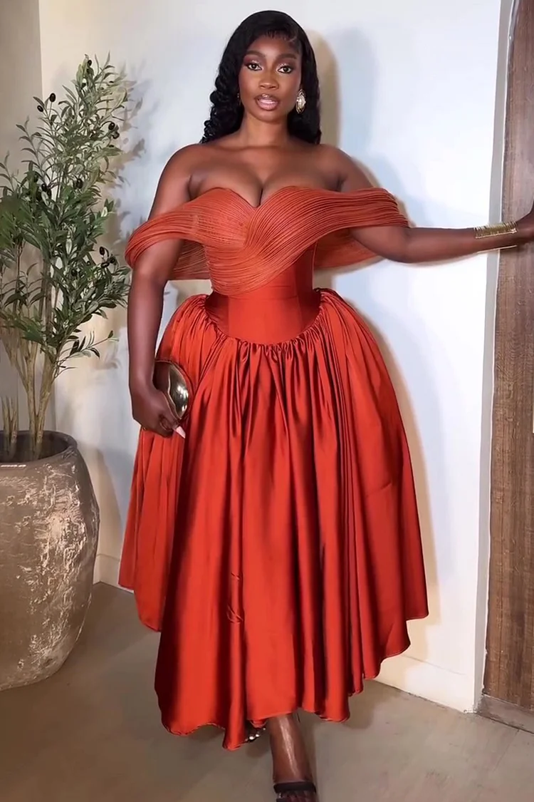 Off Shoulder Wrinkle Corset Satin Party Maxi Dresses-Orange [Pre Order]