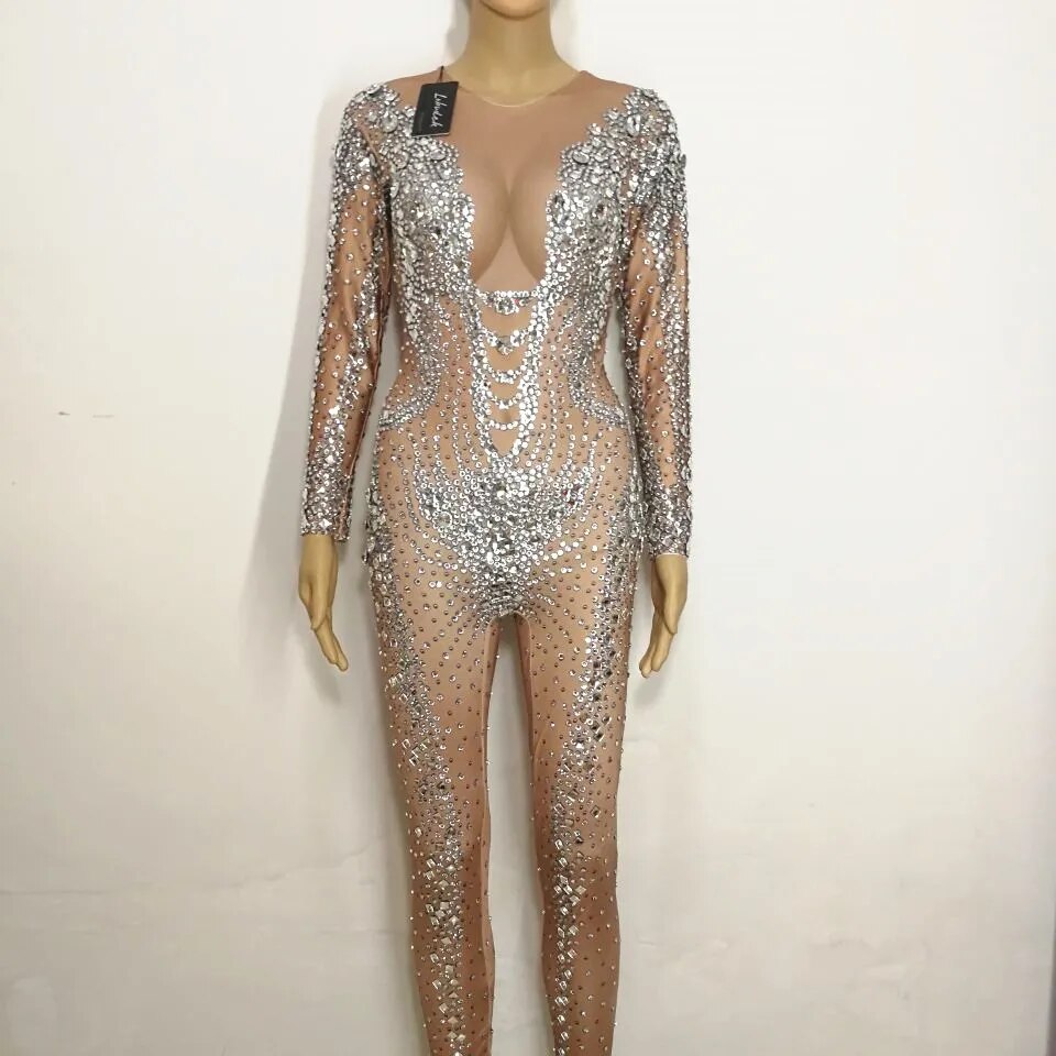 VCSHOES Full Rhinestones Crystals Shinny Jumpsuit Bar Women Singer Costume Prom Birthday Celebration Show Stage Jumpsuits