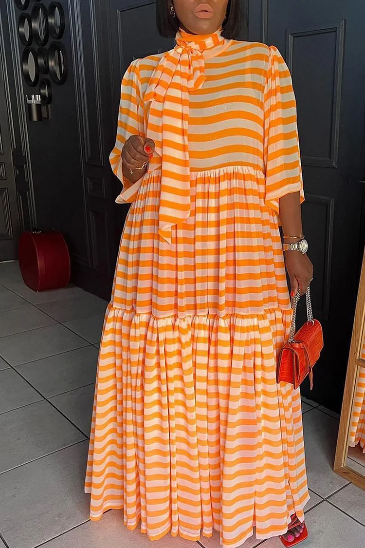 Xpluswear Plus Size Orange Daily Stripe Print Short Sleeve Maxi Dresses