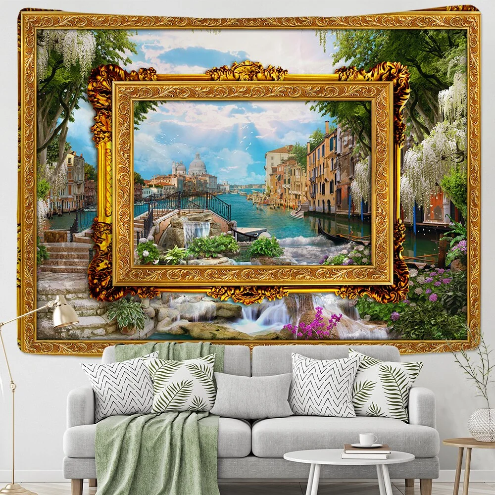 Fake Frame Tapestry Wall Hanging River Sky Clouds Bohemian Dorm Decor Yoga Mat Rug Architectural Attraction Venice